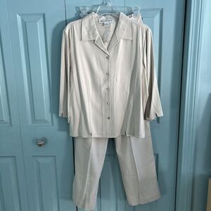 Vtg 90s Norm Thompson Womens Silk Beige Pantsuit 12 Button Front Elastic Waist